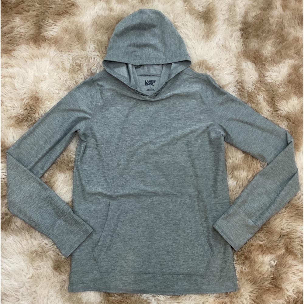 Lands End Mens XL Gray Space Dye Active Hoodie Thumbhole Pullover 524786